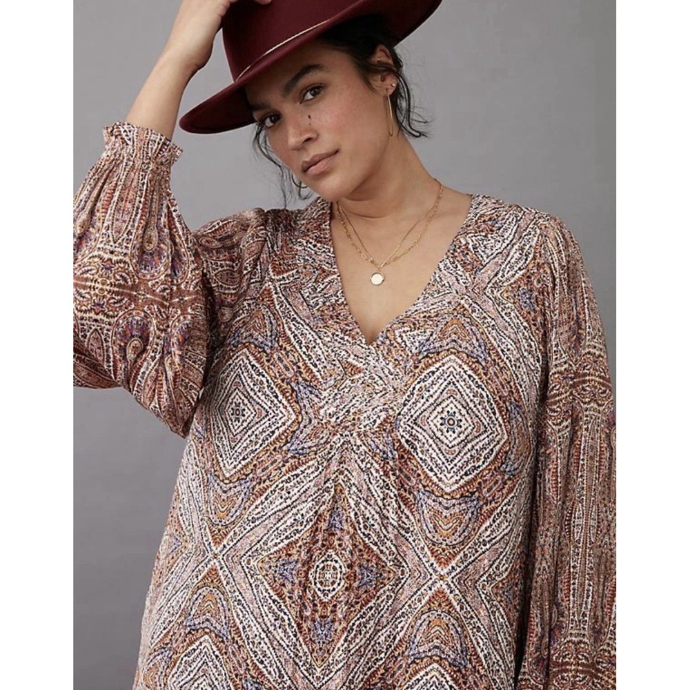 Anthropologie Sabia Flounced Tunic Dress Small Brown Multi V Neck Pockets Lined - Picture 6 of 16